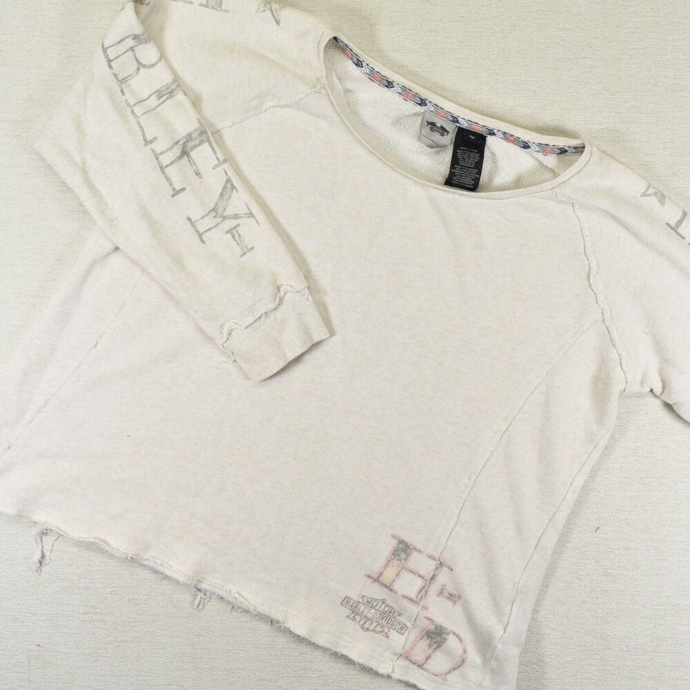 Harley Davidson Sweatshirt Womens 1W Off White Long Sleeve Raw Hem Graphic Top